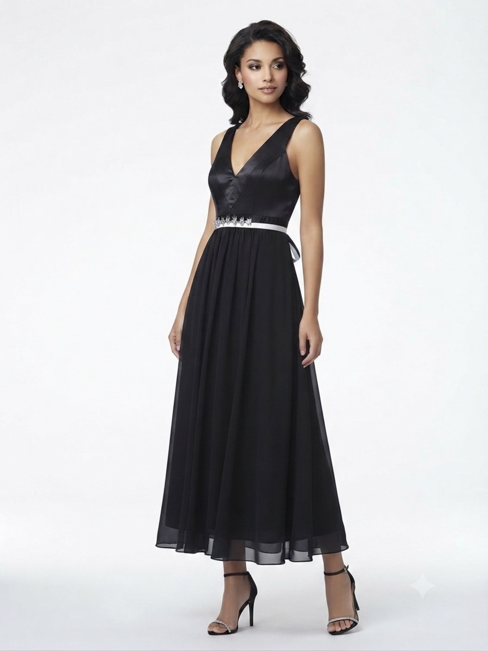Black V-Neck Maxi Dress with Embellished Waist